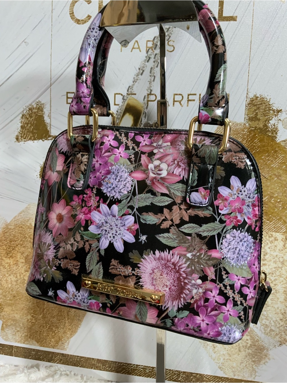 🩷Betsey Johnson Black Floral Dome Satchel with Pink & Purple Flowers - Picture 2 of 9